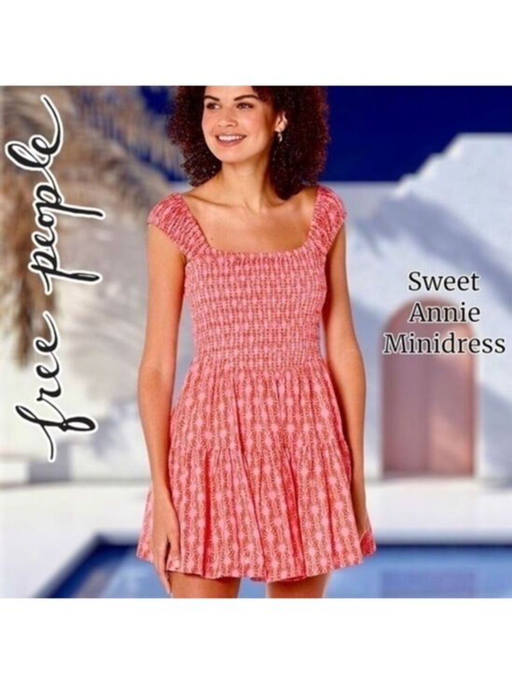 FREE PEOPLE Sweet Annie Sleeveless Smocked Square-Neck Cotton Minidress-Lg/NWT